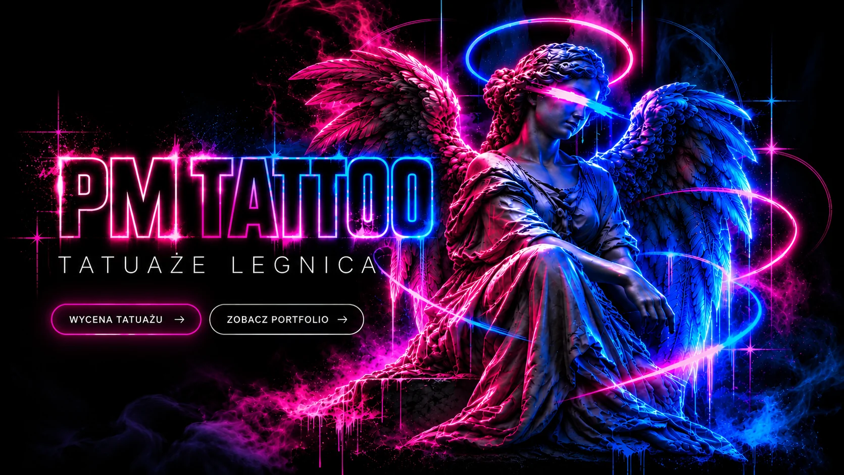 PM Tattoo — tatuaże Legnica. Neonowa rzeźba anioła ze skrzydłami w kolorach różu i błękitu.