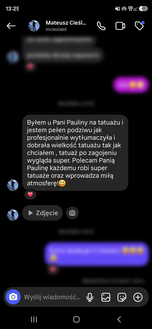 Zrzut oryginalnej wiadomości z opinią od Mateusz