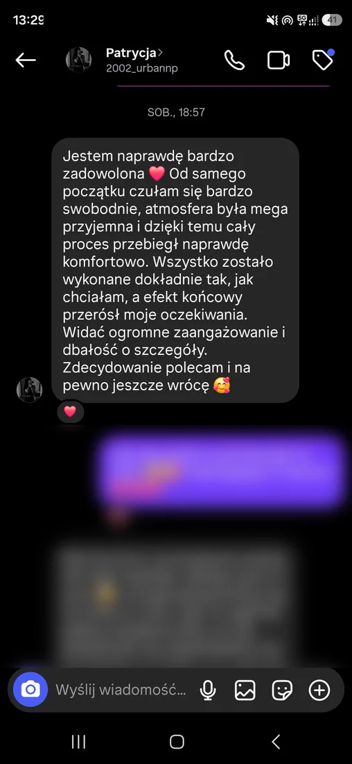 Zrzut oryginalnej wiadomości z opinią od Patrycja