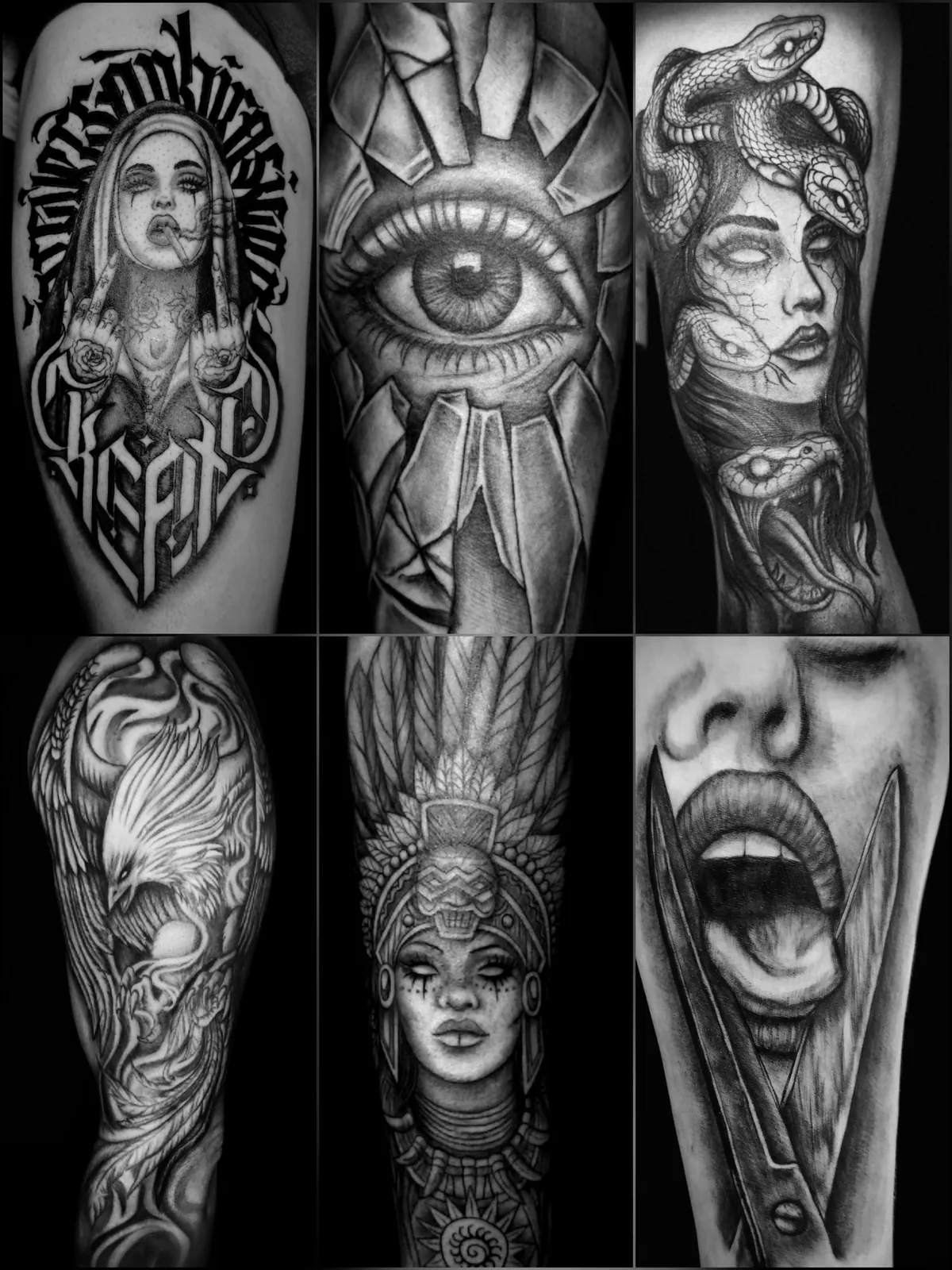 Zestawienie tatuaży PM Tattoo: portrety, oko, Meduza, feniks i realistyczne kompozycje